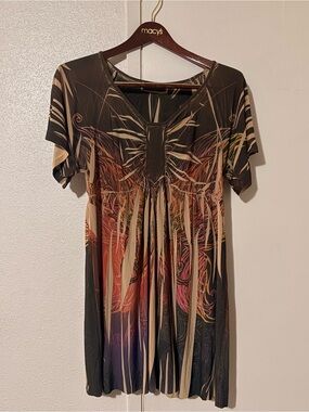 Vintage Boho Print Short Sleeve Tunic Dress Brown & Orange W/ Coral Accents